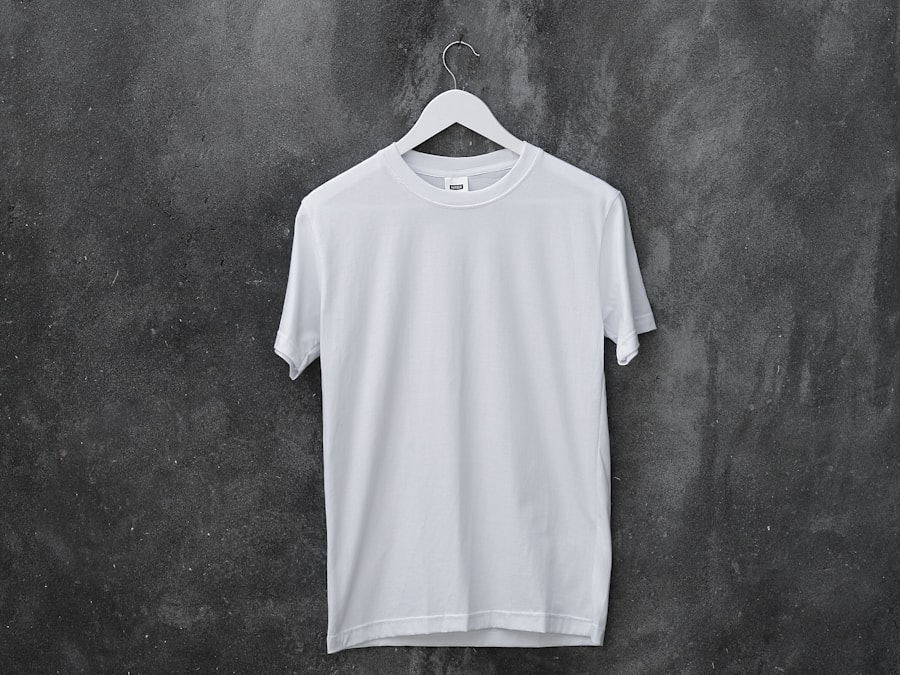 A plain white cotton tee on a hanger