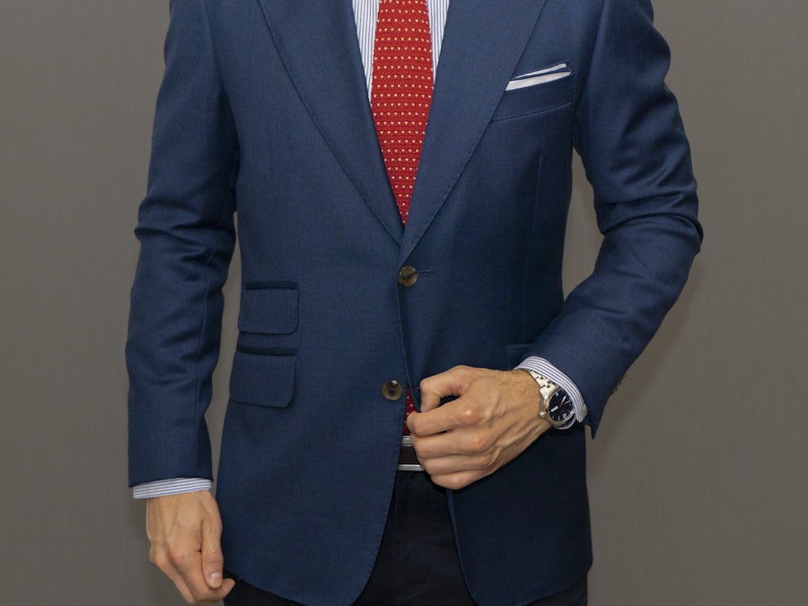 A navy wool blazer with gold buttons