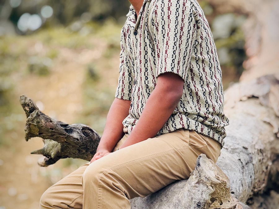 A pair of tan chino trousers