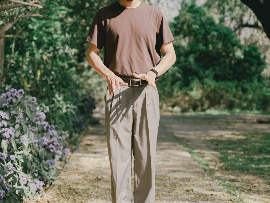 A pair of stone chino trousers