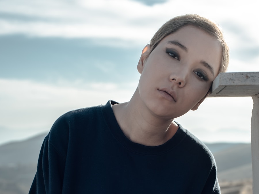 A navy crew-neck knit