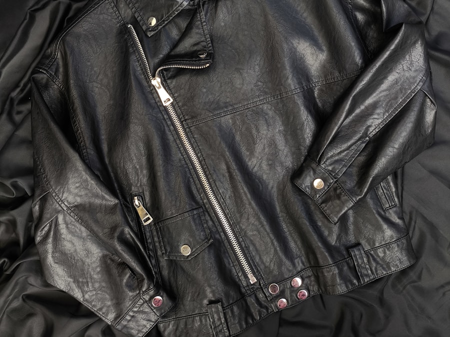 A worn-in black leather biker jacket